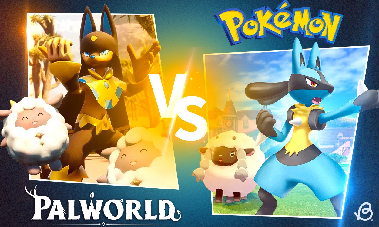 Image comparing Palworld's Anubis and Lamball to Pokemon's Wooloo and Lucario which shows why Nintendo Sues Palworld developers