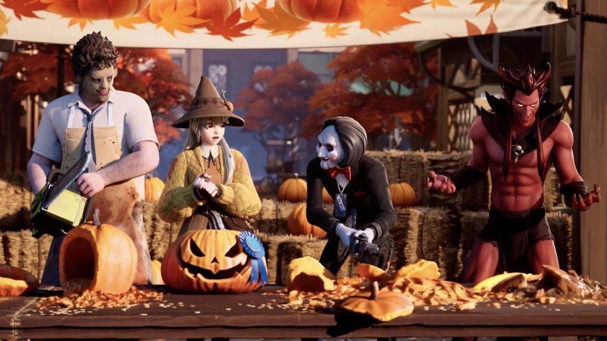 image of characters in new Fortnite Halloween 2024 event cutting pumpkins in half with a chainsaw