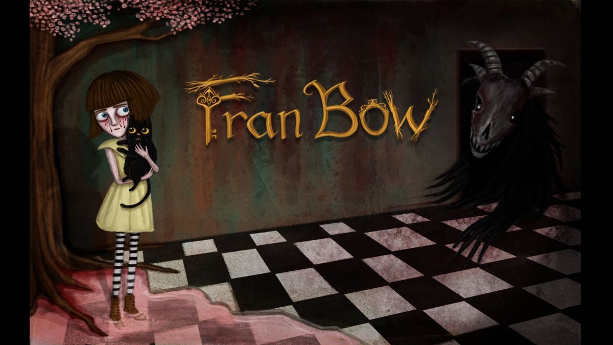 image of Fran Bow showing Fran hugging a cat and the monster on the far-right of the picture showing why it's among the best android horror games