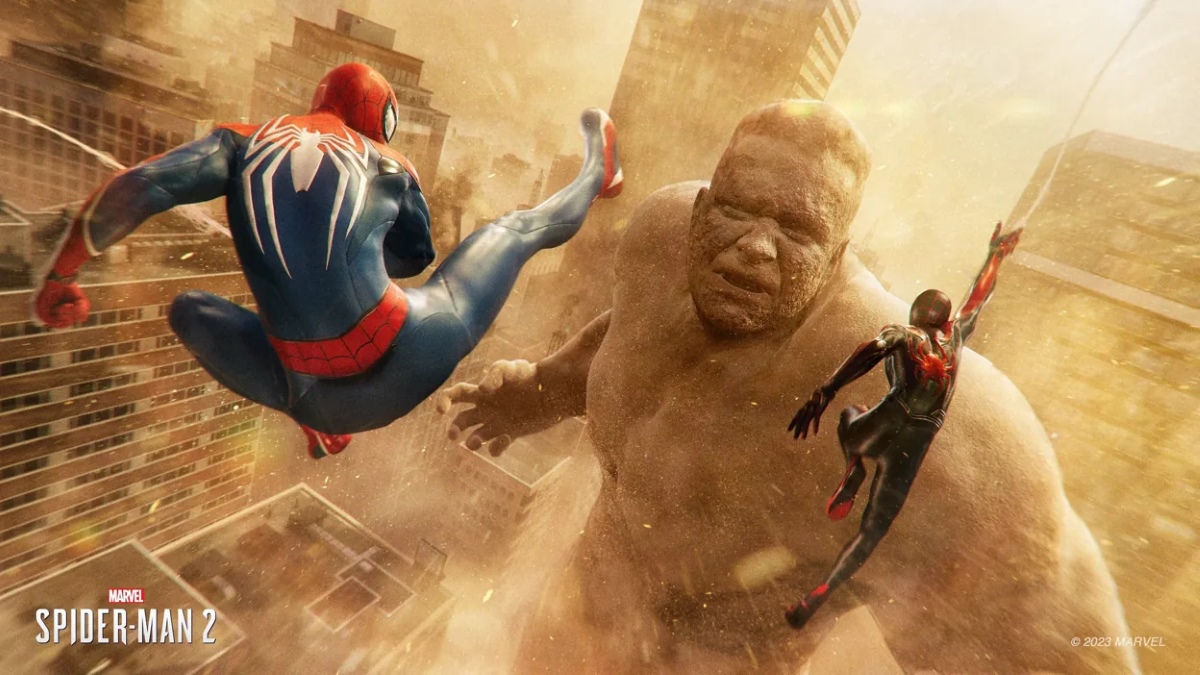 image of the brand new Spider-Man 2 graphics update fighting off Sandman