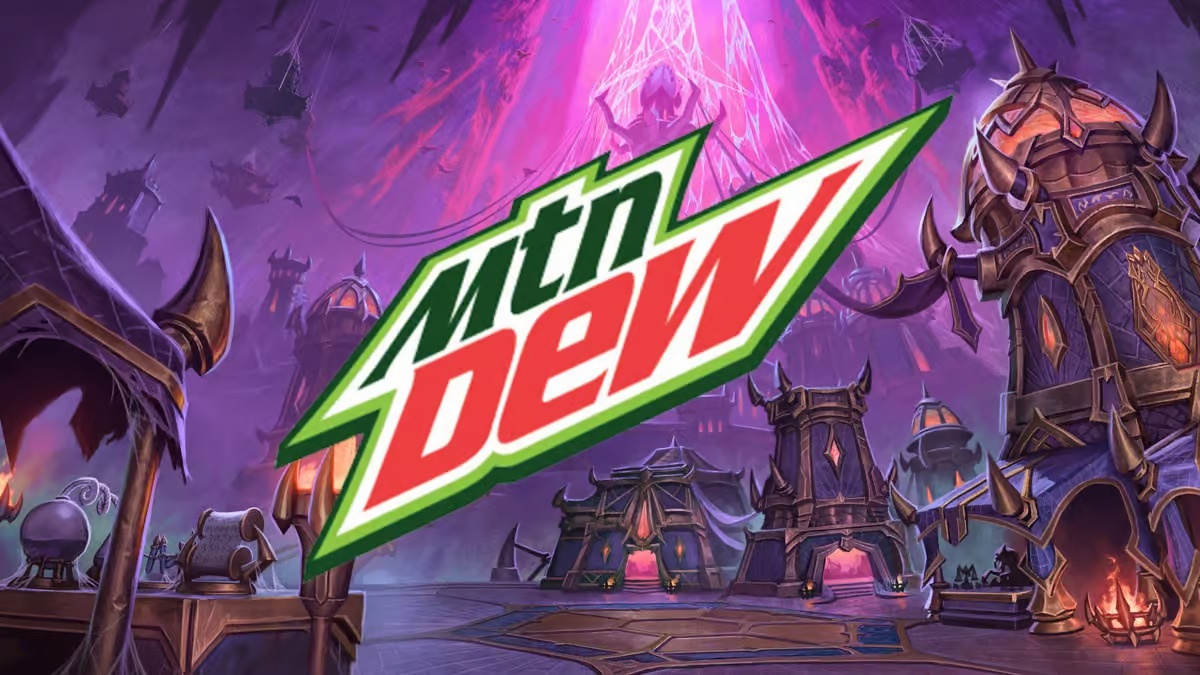 image of Mountain Dew logo slapped on an image of a place in World of Craft to commemorate the World of Warcraft Mountain Dew collab