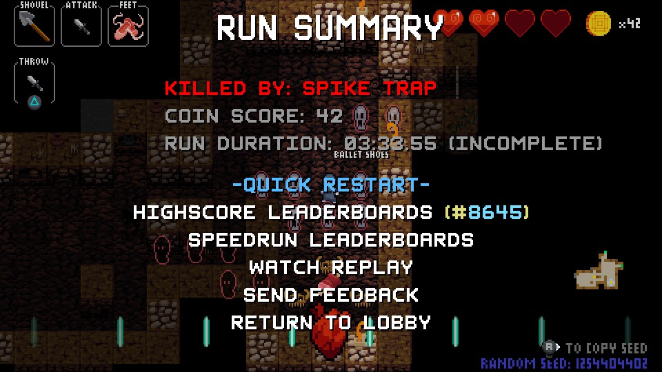 Crypt of the NecroDancer game over screen