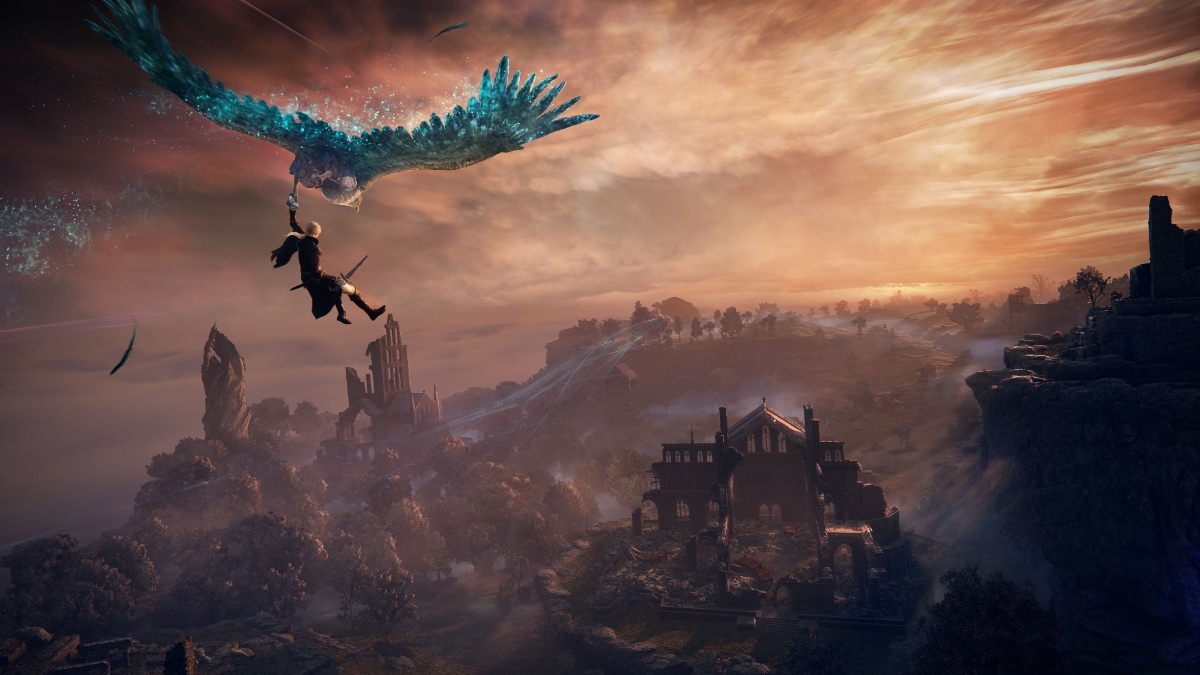 image of a character flying with crystal eagle in the sky