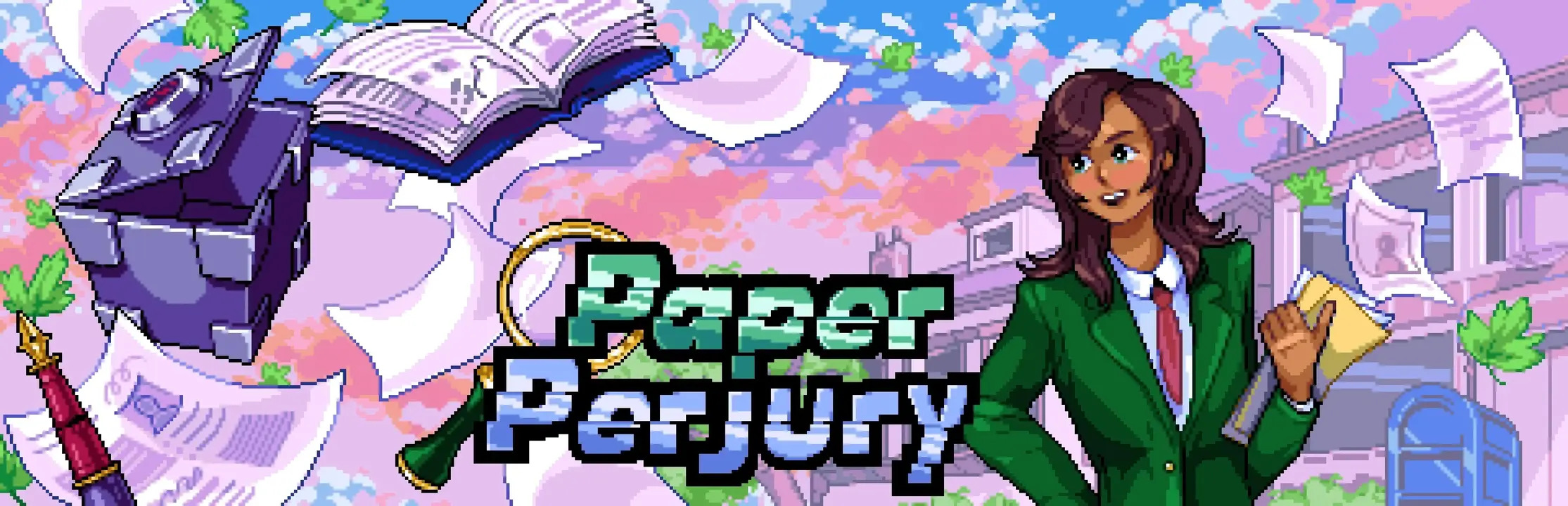 Official Banner art for Paper Perjury which is one of the best winter games to play this season