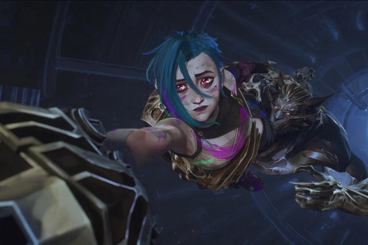 image of Jinx hanging on via Vi's grip after the Riot Arcane Financial Failure