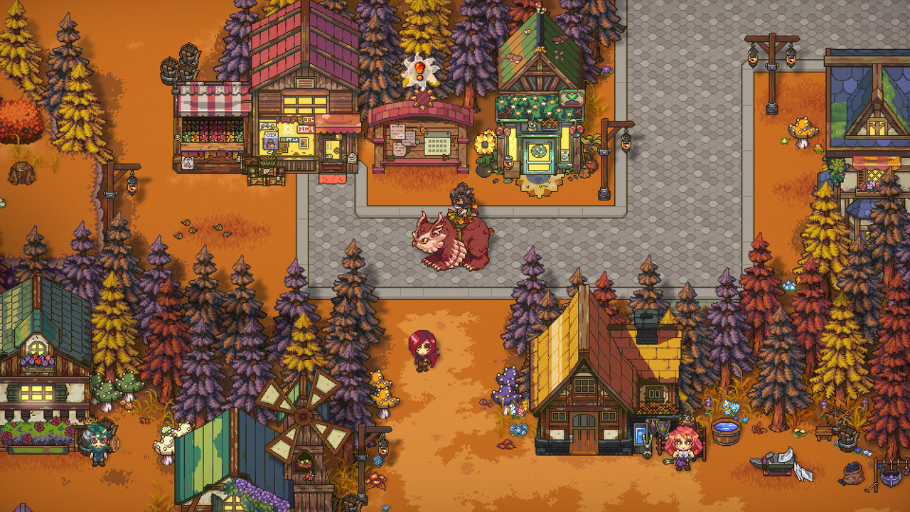 A screenshot image of the town and NPCs in Sun Haven Nintendo Switch.